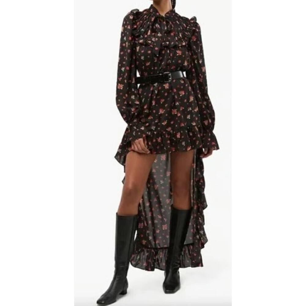 WEWOREWHAT High Low Polka Dot Floral Drape Ruffled Long Sleeve Dress - M - NWT